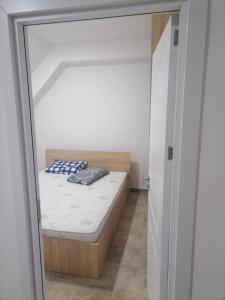 a small bedroom with a bed and a mirror at Elena in Negotino