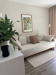 a living room with a couch and a potted plant at Nest,Ruhe und Erholung in Castrop-Rauxel