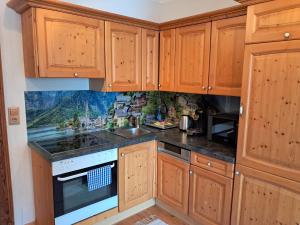 a kitchen with wooden cabinets and a sink at Haus Franziska in Hallstatt