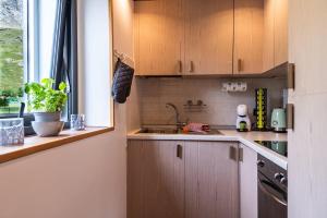a kitchen with wooden cabinets and a sink and a window at MCX Vacation Rental - Belle Vue Les Grandes Murailles, Pet Friendly Apartment just 300 meters from the ski lifts! in Breuil-Cervinia