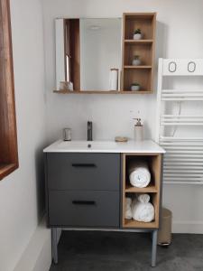 a bathroom with a sink and a mirror and towels at Studio Cosy in Feuquières