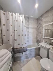 a bathroom with a toilet and a tub and a sink at Апартаменти в центрі з кондиціонером in Lutsk