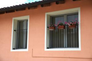 two windows with flower pots on them on a pink building at Agriturismo Cascina Mezzulli in Ostiano