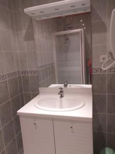 ein Badezimmer mit einem weißen Waschbecken und einem Spiegel in der Unterkunft Chez Maurice et Sylvie in Laveissière + 20 Fotos