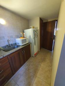 een keuken met een wastafel en een witte koelkast bij Edificio Junin in Salta