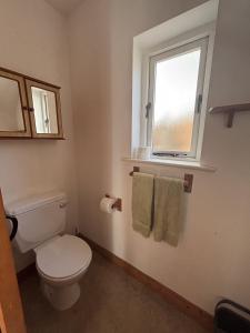 Un baño con inodoro, ventana y toallas. en Saint Andrews Rosslare Strand County Wexford, en Rosslare