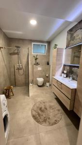 une salle de bains avec douche, toilettes et lavabo dans l'établissement Stilvolle & ruhige Ferienwohnung mit Terrasse & Garten, à Petershagen