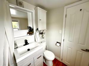 Un baño con lavabo, inodoro y espejo. en NookSide Nest 1 bedroom Upstairs suite King, Queen, Kitchenette, Parking, en Carleton Place 18 fotos más