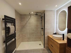 une salle de bain avec douche et lavabo dans l'établissement NEW APT, 100m from ski lift, à Châtel
