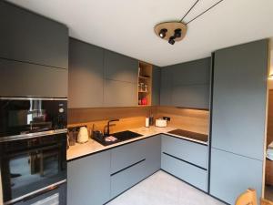 une cuisine avec des placards gris et des appareils noirs dans l'établissement NEW APT, 100m from ski lift, à Châtel 28 autres photos