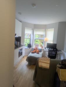 1 dormitorio con 1 cama y cocina con ventanas en Studio in Sutton long stays at least 7 days, en Sutton