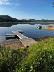 a dock on a lake with a bench and a boat at Le Petit chalet au Lac Schryer in Lac-Simon +23 photos
