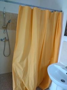 ポール・ルイにあるstudio Ronyのトイレ付きのバスルームの黄色いシャワーカーテン +14枚の写真