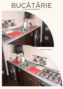 a kitchen with a sink and a stove at Casa M&R in Bucharest