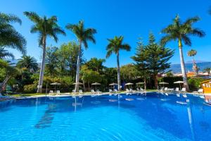 a large swimming pool with chairs and palm trees at Apartamentos Masaru in Puerto de la Cruz