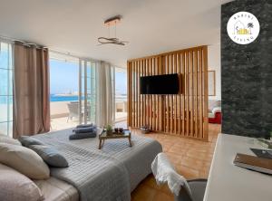 a living room with a bed and a tv and a couch at Atico del Sol by Babiniliving in Puerto del Rosario