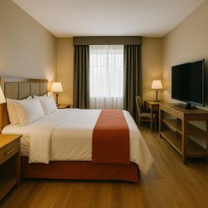 een hotelkamer met een bed en een flatscreen-tv bij Soklena Homestay 