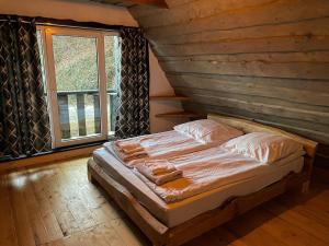 a bed in a wooden room with a window at Pustirnik in Rakhiv