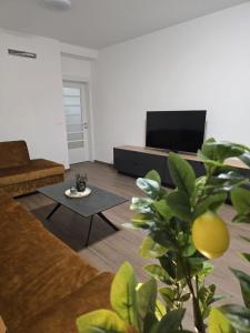 a living room with a couch and a tv at Apartmán PARK in Piešťany