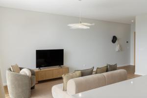 a living room with a couch and a flat screen tv at Saraiva Hills II Relaxation in Câmara de Lobos in Panasqueira
