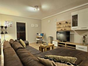 シュレースヴィヒにあるApartments am Selker Noor - mit Naturpark, privater Terrasse und Bachlauf an der Selker Wassermühleのリビングルーム(大きなソファ、テレビ付)