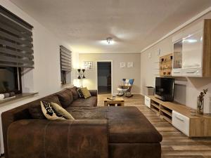 a living room with a brown couch and a television at Selker Noor Apartments - 1,4 ha Naturpark, privater Terrasse, Bachlauf an der Selker Wassermühle in Schleswig