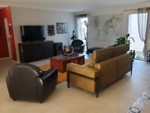a living room with a couch and a chair and a tv at Villa Kentève in Parentis-en-Born