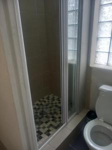 a bathroom with a shower and a toilet at JH Guest house in Durban