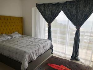 Dido ValleyにあるSimons Town Cove Guest Houseのベッドと大きな窓のある寝室