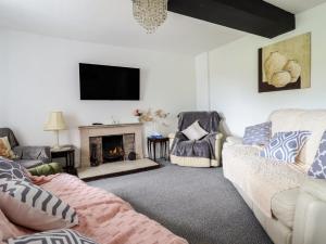 a living room with a couch and a fireplace at Plas Yn Bonwm in Carrog