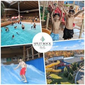 a collage of photos of people in a swimming pool at New Lakeview Gateway Lake Access, Hot tub, EV in Lake Harmony