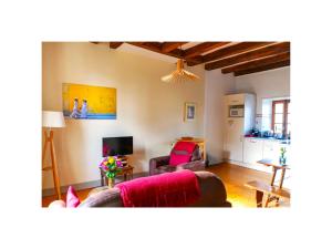 ein Wohnzimmer mit Sofa und Fernseher in der Unterkunft Gites Aubelle - La Maison Aubelle in Montreuil-Bellay