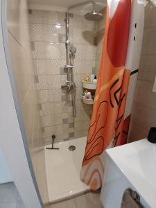 a shower with an orange shower curtain in a bathroom at Petite Maison in Saint-André-les-Vergers