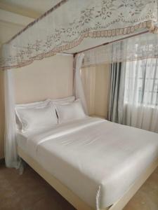 MbitaにあるLakeview Apartments - Cozy Greyの天蓋付き白いベッド、窓