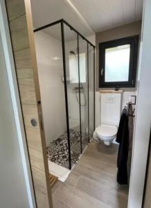 a bathroom with a toilet and a glass shower at Orevard coin de paradis in Aix-les-Bains