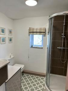 a bathroom with a shower and a toilet and a window at Last Min Staycation, Wolverhampton, 3 BR, Parking in Tettenhall