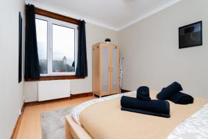 ein Schlafzimmer mit großem Bett und Fenster in der Unterkunft 2Bed Upper Cottage Flat-On Street Parking in Falkirk