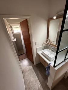 een badkamer met een wastafel en een spiegel bij La Casa del Gringo in Villa Icho Cruz