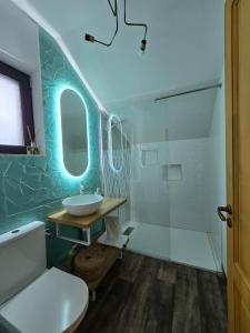 a bathroom with a sink and a toilet and a shower at Cabana Tei-Tei in Izvoarele