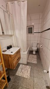 a bathroom with a sink and a toilet and a shower at Deichliebe 3 - gemütlich, zentral und modern- Inklusive privater Stellplatz im Parkhaus 2min zu Fuß entfernt in Bremerhaven +14 photos