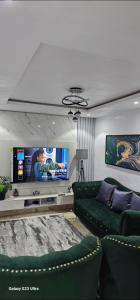 a living room with a green couch and a flat screen tv at Ladi's place Anthony Ikeja in Lagos