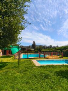 a large swimming pool in a park with a tree at Domo Cabana in Los Quillayes