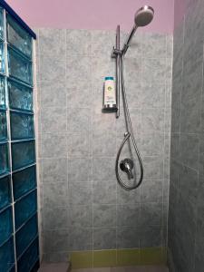 a shower with a shower head on a tiled wall at La Rosa dei Monti Iblei in Ferla +32 photos