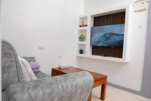 a living room with a couch and a tv on a wall at Modern Guest House 1BR in Nakuru