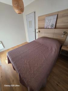 a bedroom with a large bed with a wooden headboard at Appartement RDC - Grau du Roi in Le Grau-du-Roi