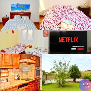 a collage of pictures of a bedroom and a netflix sign at Votre séjour, votre événement, Maison 3 chambres, jardin privé,wifi, proche La Rochelle, proche golf et plages, services sur mesure in Nieul-sur-Mer