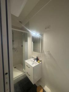 a white bathroom with a sink and a shower at New apartment rue de Fontenay in Vincennes