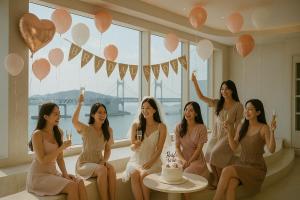 eine Gruppe von Frauen sitzt in einem Raum mit einem Kuchen in der Unterkunft # Open Special # Gwangan Bridge Centum City # Wine 1 Bottle Gift # Cleanliness # Family Friend Trip # Dog Accompaniment # Photo # 12 Minutes on Foot in Millak-tong