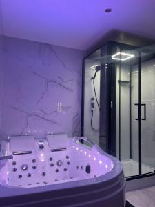 a purple bathroom with a tub and a shower at Ombre et Douceur in Josselin
