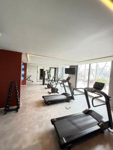 a gym with several tread machines in a room at Apê Blue Frei Caneca Premium Rooftop Jacuzzi Academia in Sao Paulo